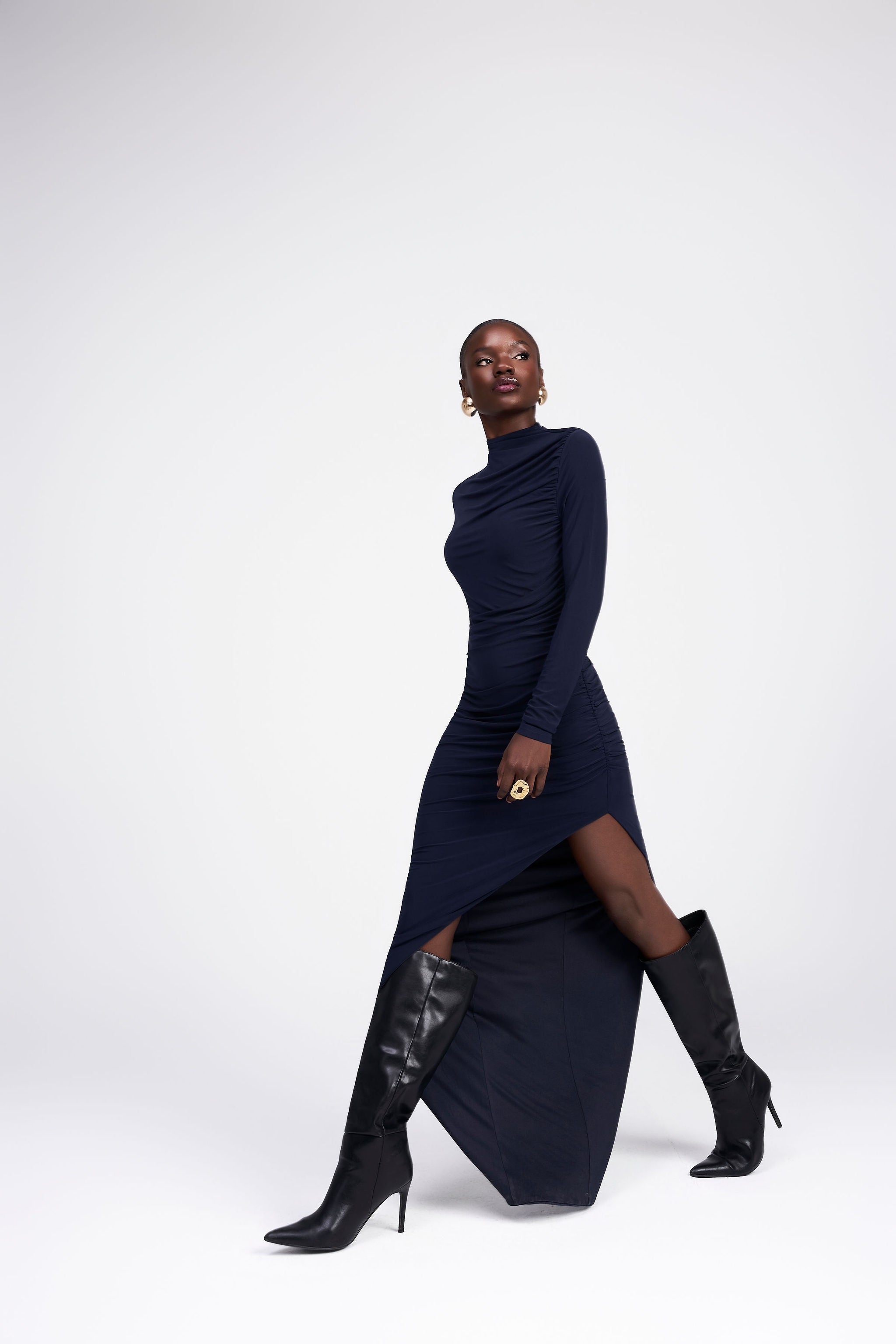 Melanie navy long sleeve jersey side ruching draped shoulder side slit maxi dress