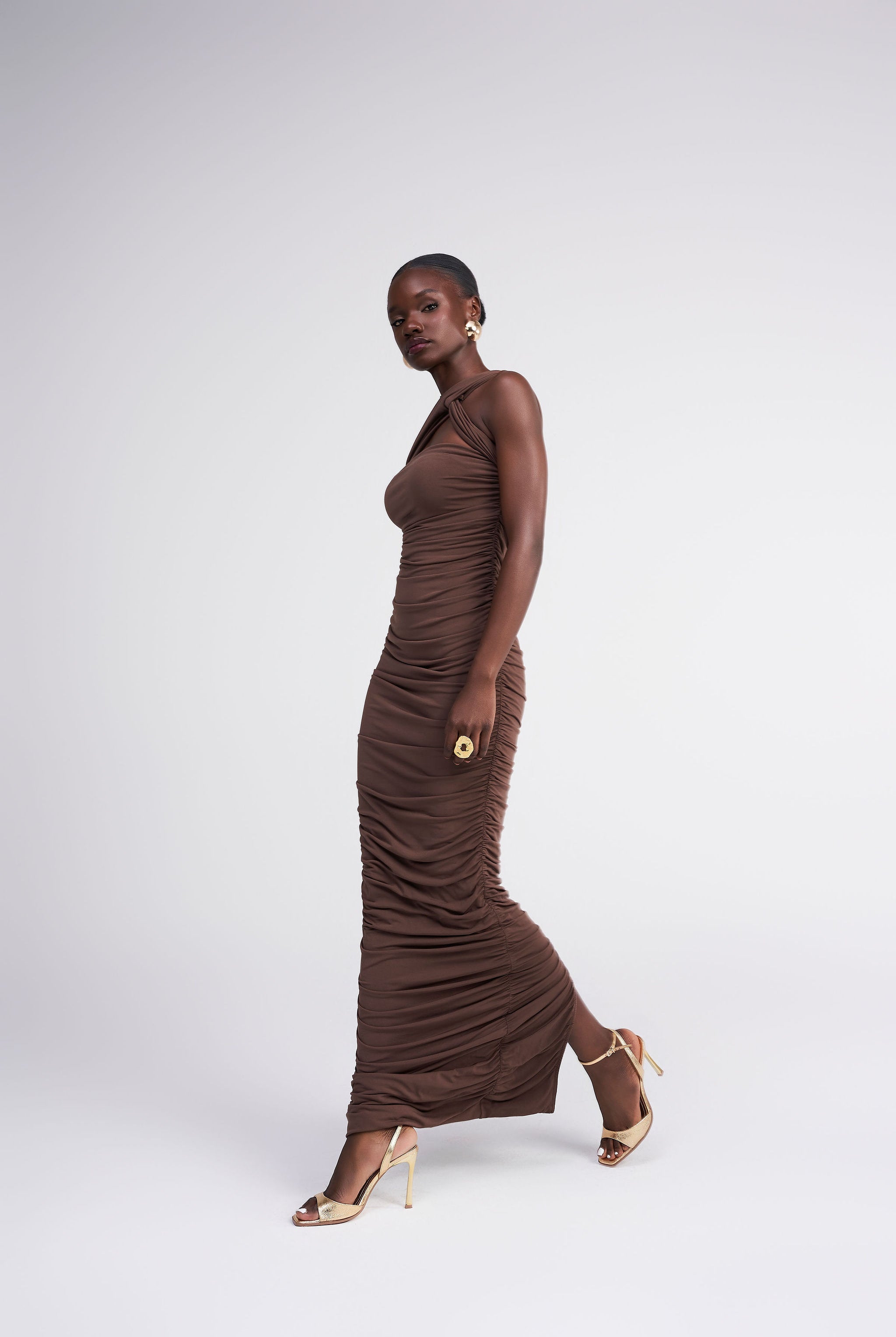Jessica espresso multiway knot side tie asymmetric draped ruched maxi dress halter neck style Oúhre Australia