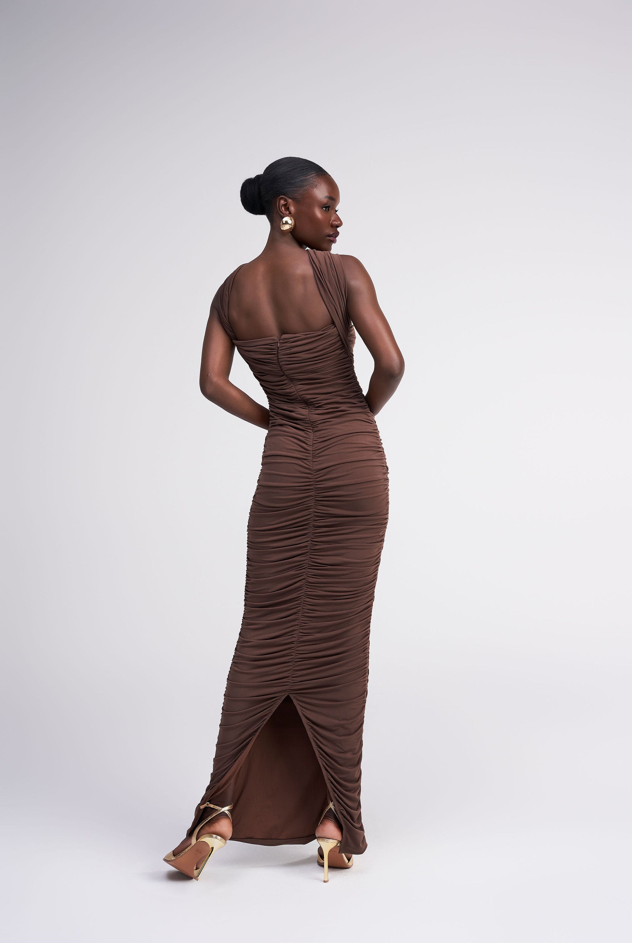 Jessica espresso multiway knot side tie asymmetric draped ruched maxi dress halter neck style Oúhre Australia