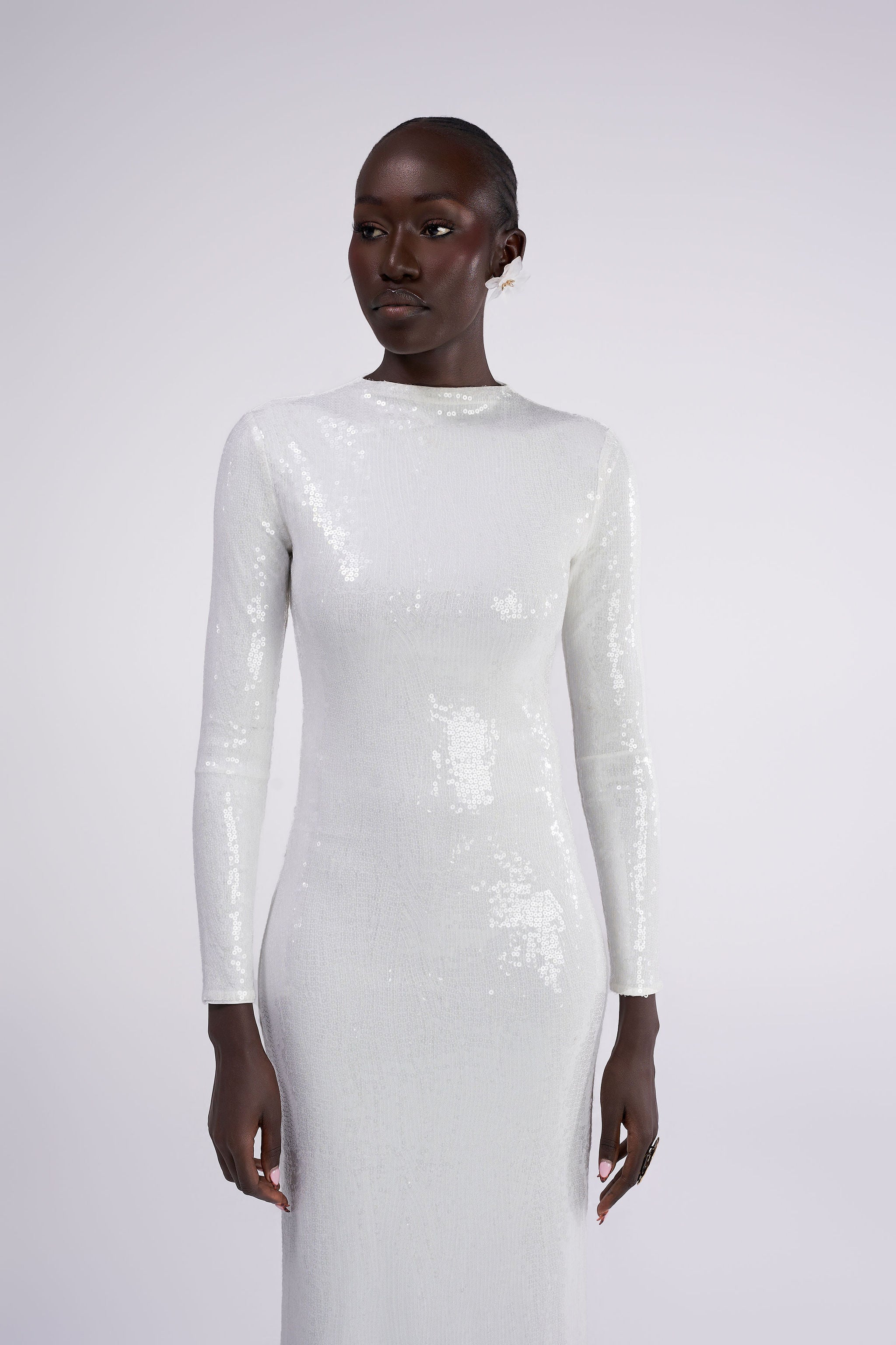 Dominique white iridescent long sleeve sequin maxi dress gown front view Oúhre Australia