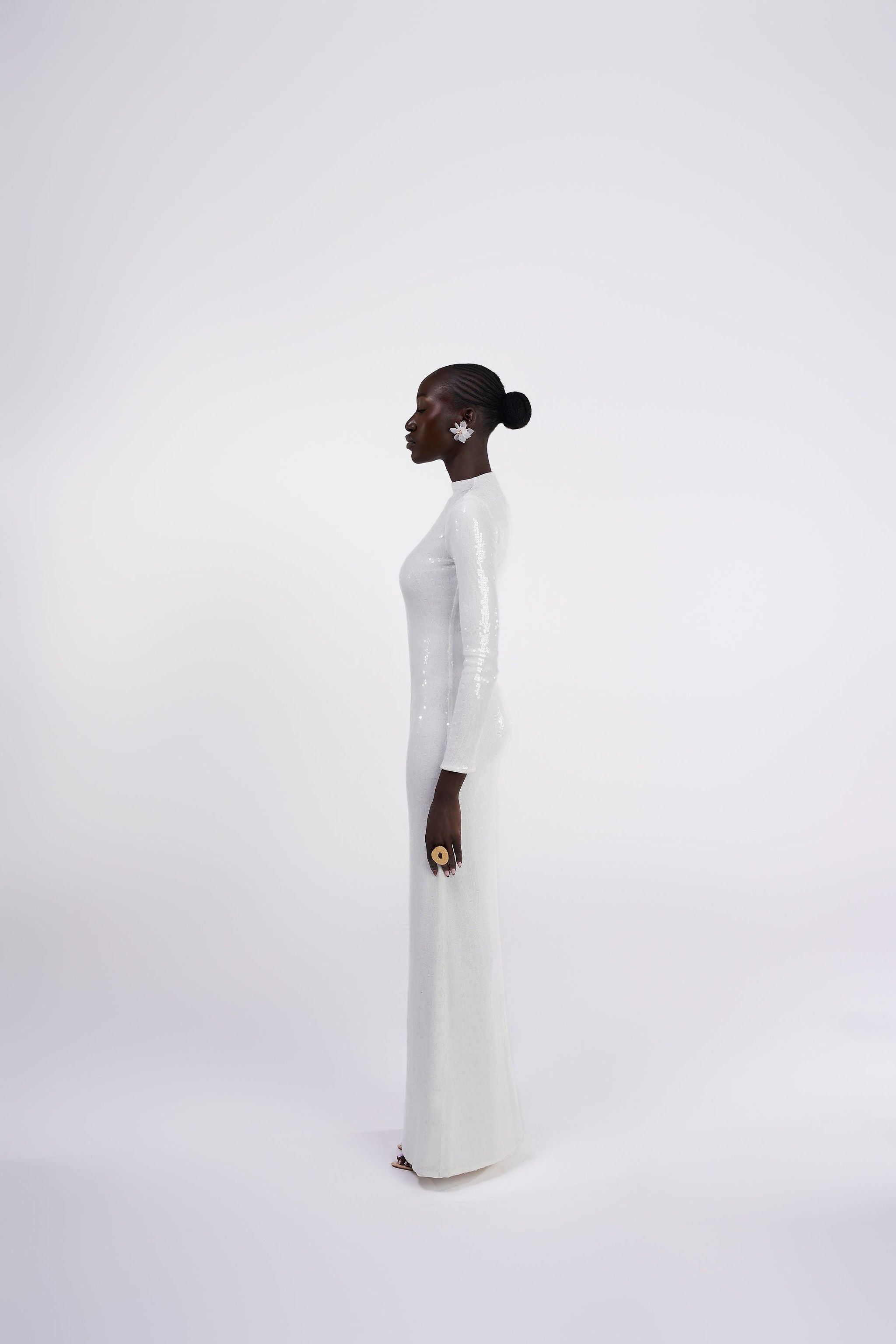 Dominique white iridescent long sleeve sequin maxi dress gown front view Oúhre Australia