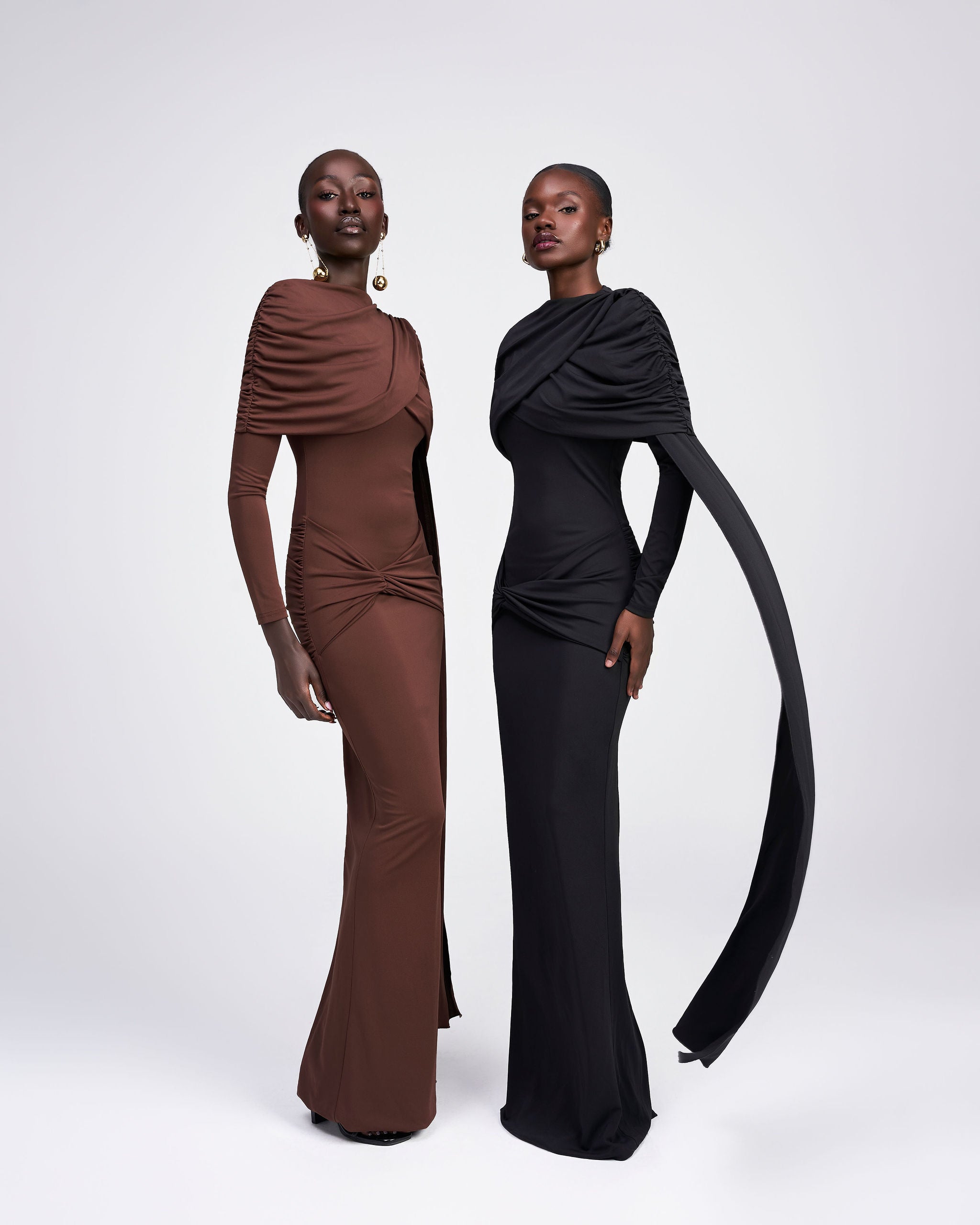 Huda dark chocolate brown draped cape panel ruched jersey long sleeve maxi dress