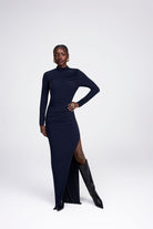 Melanie navy long sleeve jersey side ruching draped shoulder side slit maxi dress