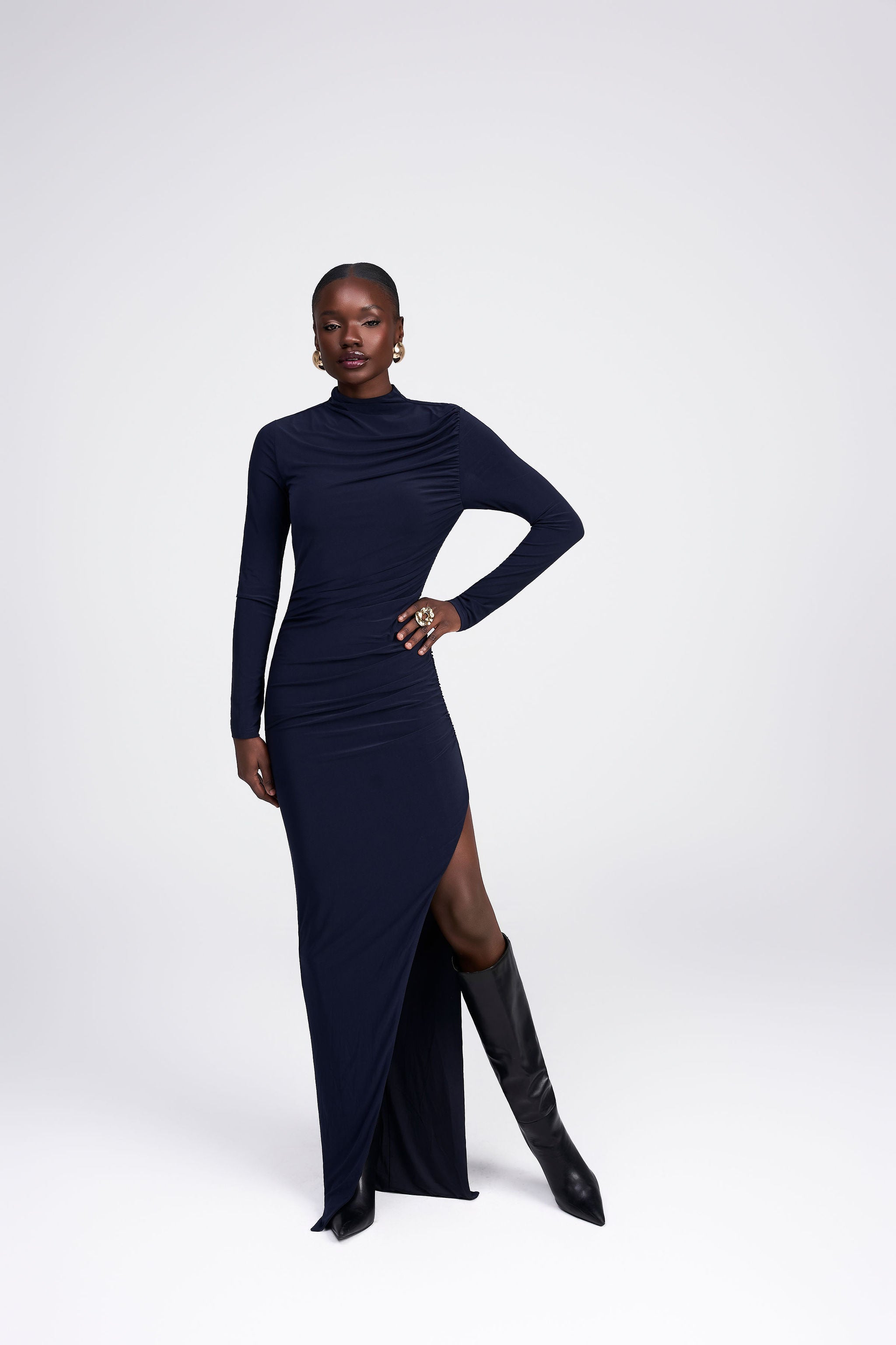 Melanie navy long sleeve jersey side ruching draped shoulder side slit maxi dress