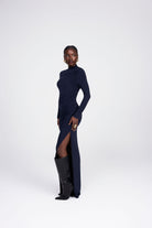 Melanie navy long sleeve jersey side ruching draped shoulder side slit maxi dress