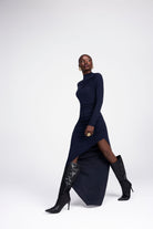 Melanie navy long sleeve jersey side ruching draped shoulder side slit maxi dress