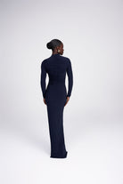 Melanie navy long sleeve jersey side ruching draped shoulder side slit maxi dress