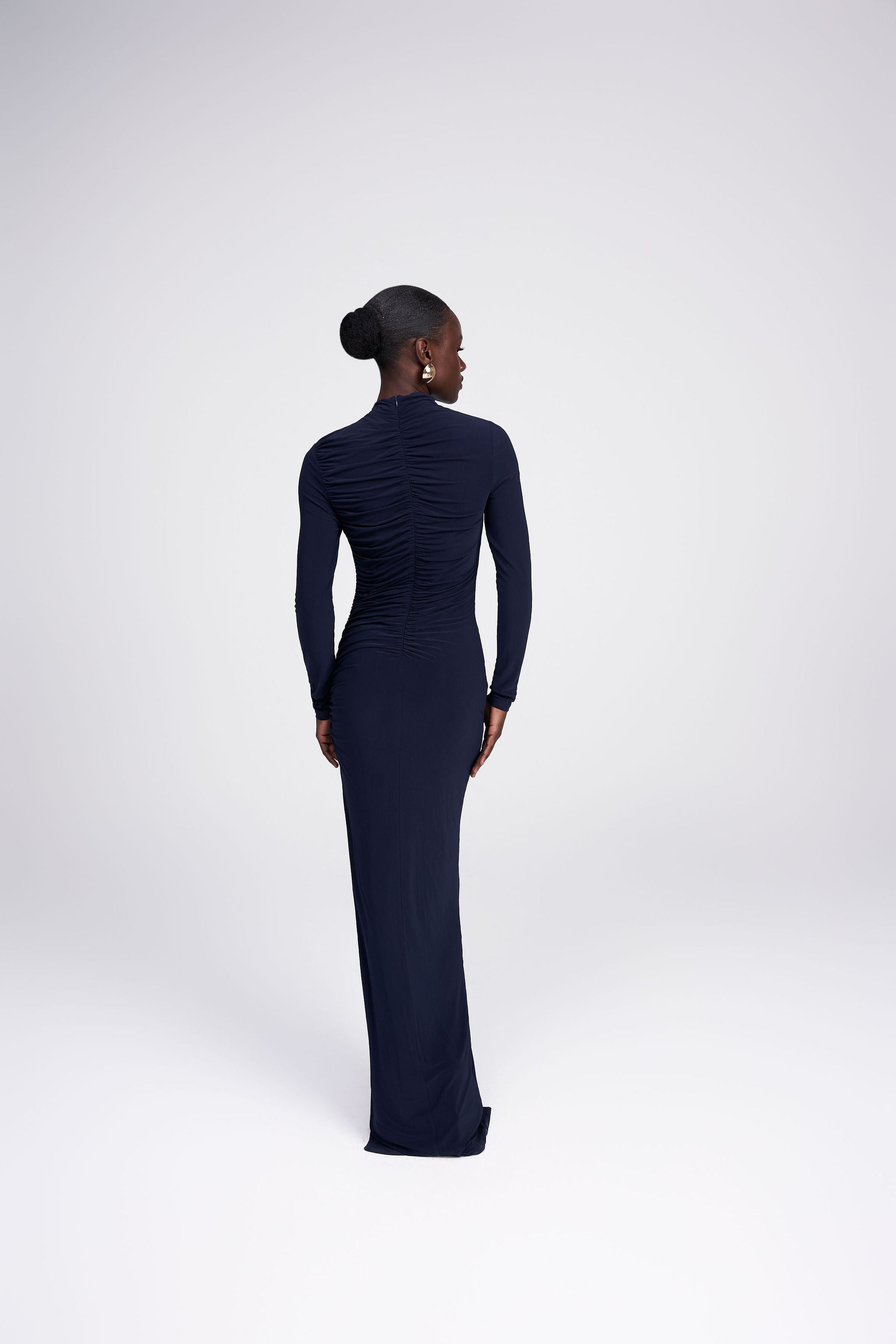Melanie navy long sleeve jersey side ruching draped shoulder side slit maxi dress