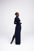 Melanie navy long sleeve jersey side ruching draped shoulder side slit maxi dress