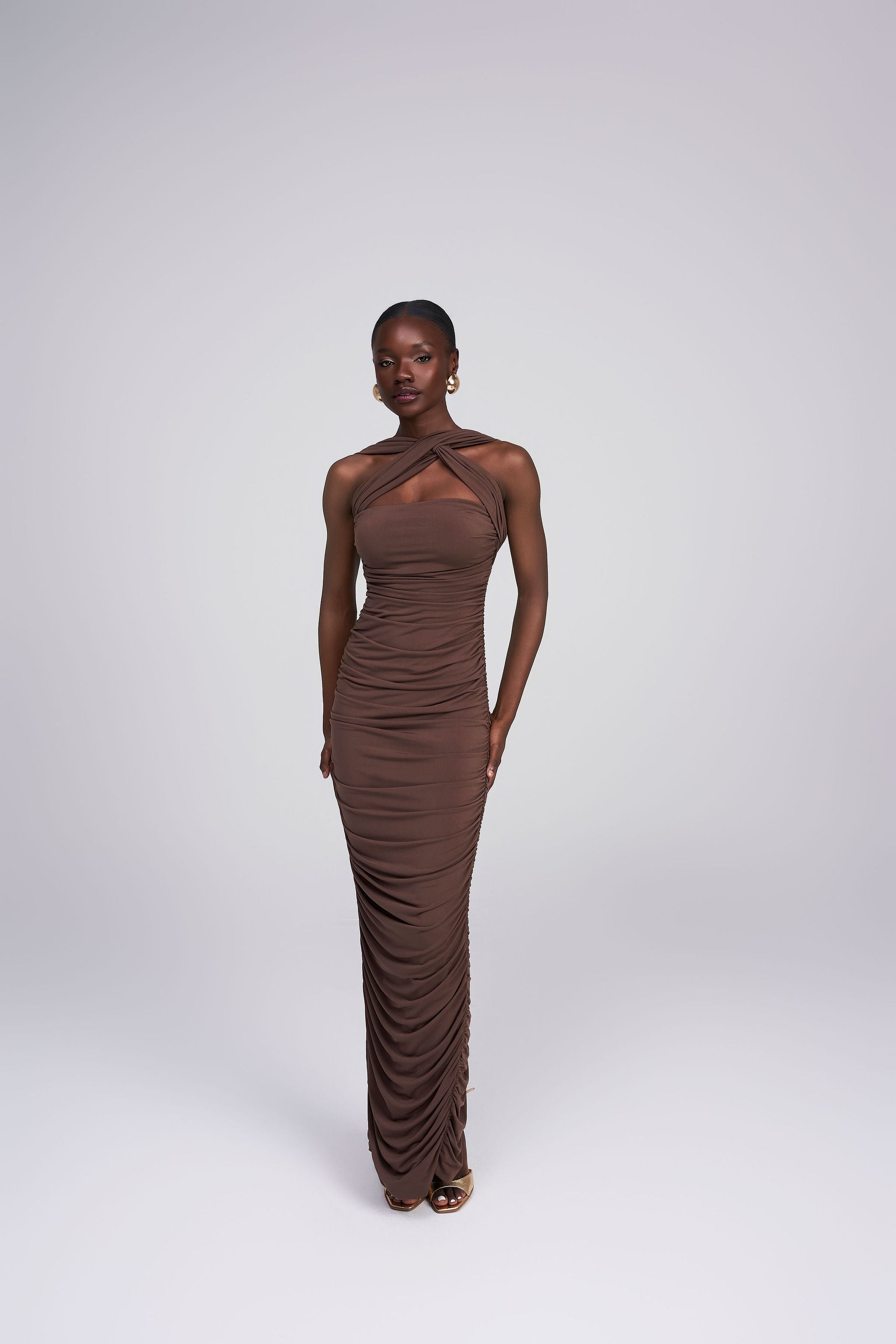 Jessica espresso multiway knot side tie asymmetric draped ruched maxi dress halter neck style Oúhre Australia
