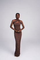Jessica espresso multiway ruched maxi dress halter neck style Oúhre Australia