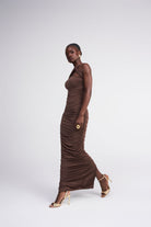 Jessica espresso multiway knot side tie asymmetric draped ruched maxi dress halter neck style Oúhre Australia