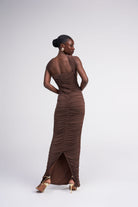 Jessica espresso multiway knot side tie asymmetric draped ruched maxi dress halter neck style Oúhre Australia