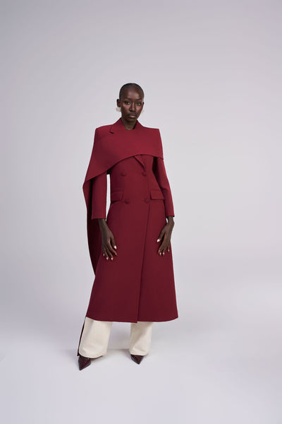 Wine Double Breasted Cape Coat Removable Cape | Oúhre