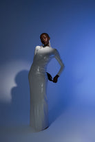 Dominique white iridescent long sleeve sequin maxi dress gown front view Oúhre Australia