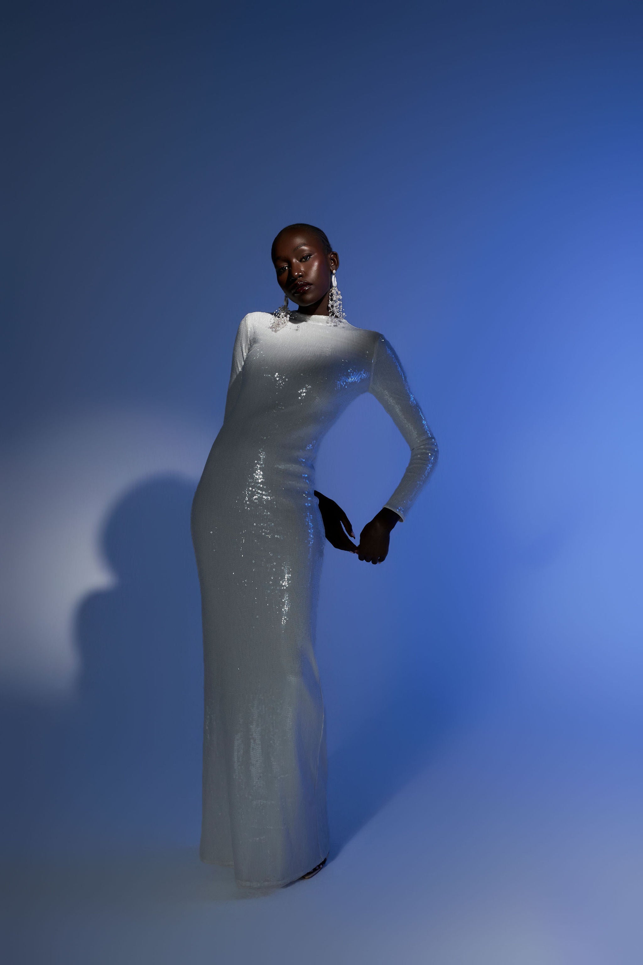 Dominique white iridescent long sleeve sequin maxi dress gown front view Oúhre Australia