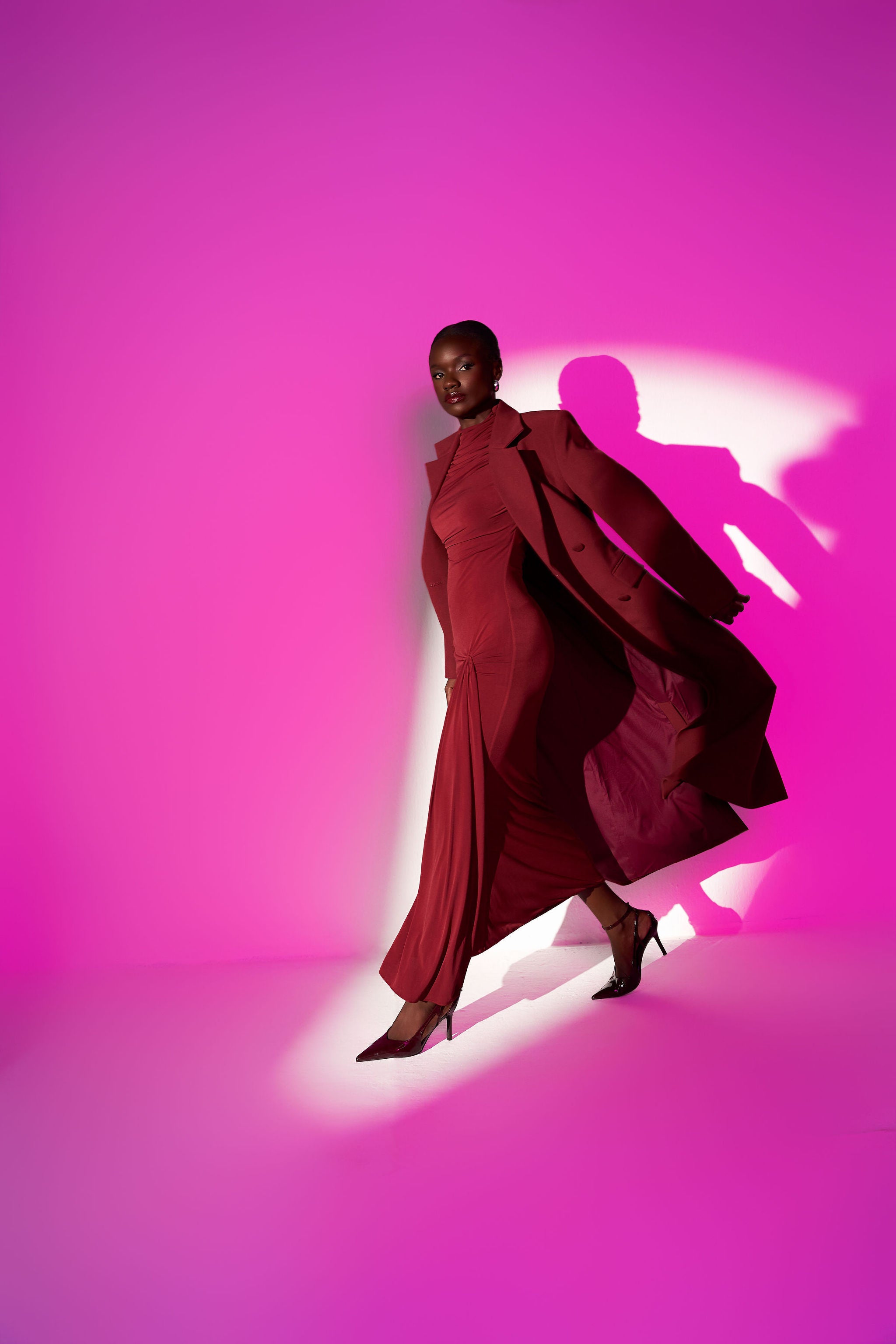 Natalie wine long sleeve draped mock neck side ruched midi dress - Oúhre Australia