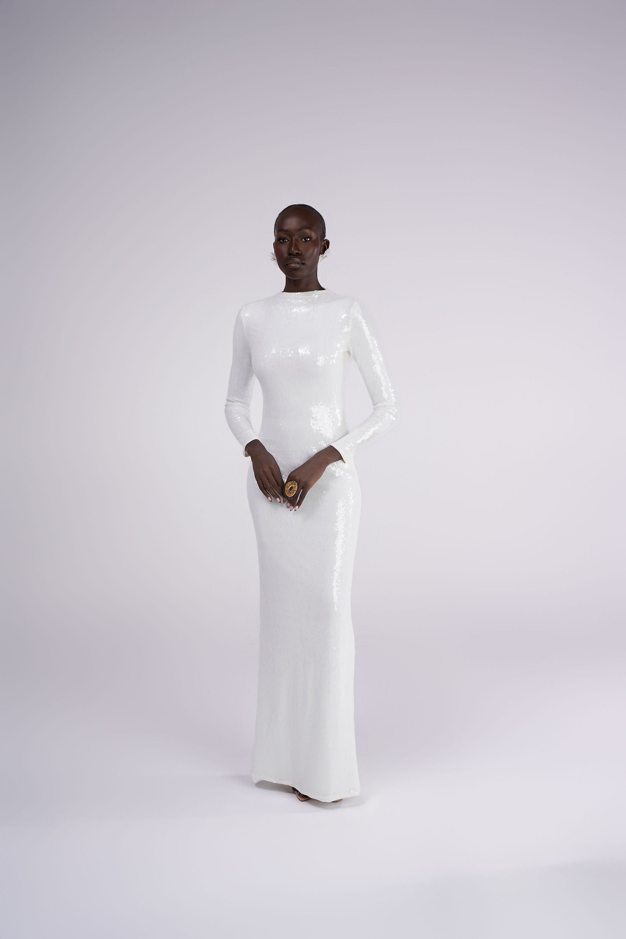 Dominique white iridescent long sleeve sequin maxi dress gown front view Oúhre Australia