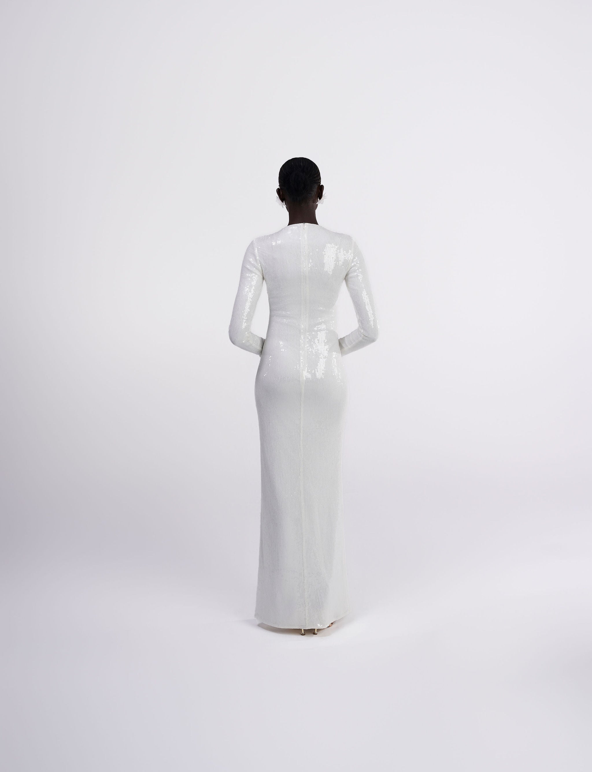 Dominique white iridescent long sleeve sequin maxi dress gown front view Oúhre Australia