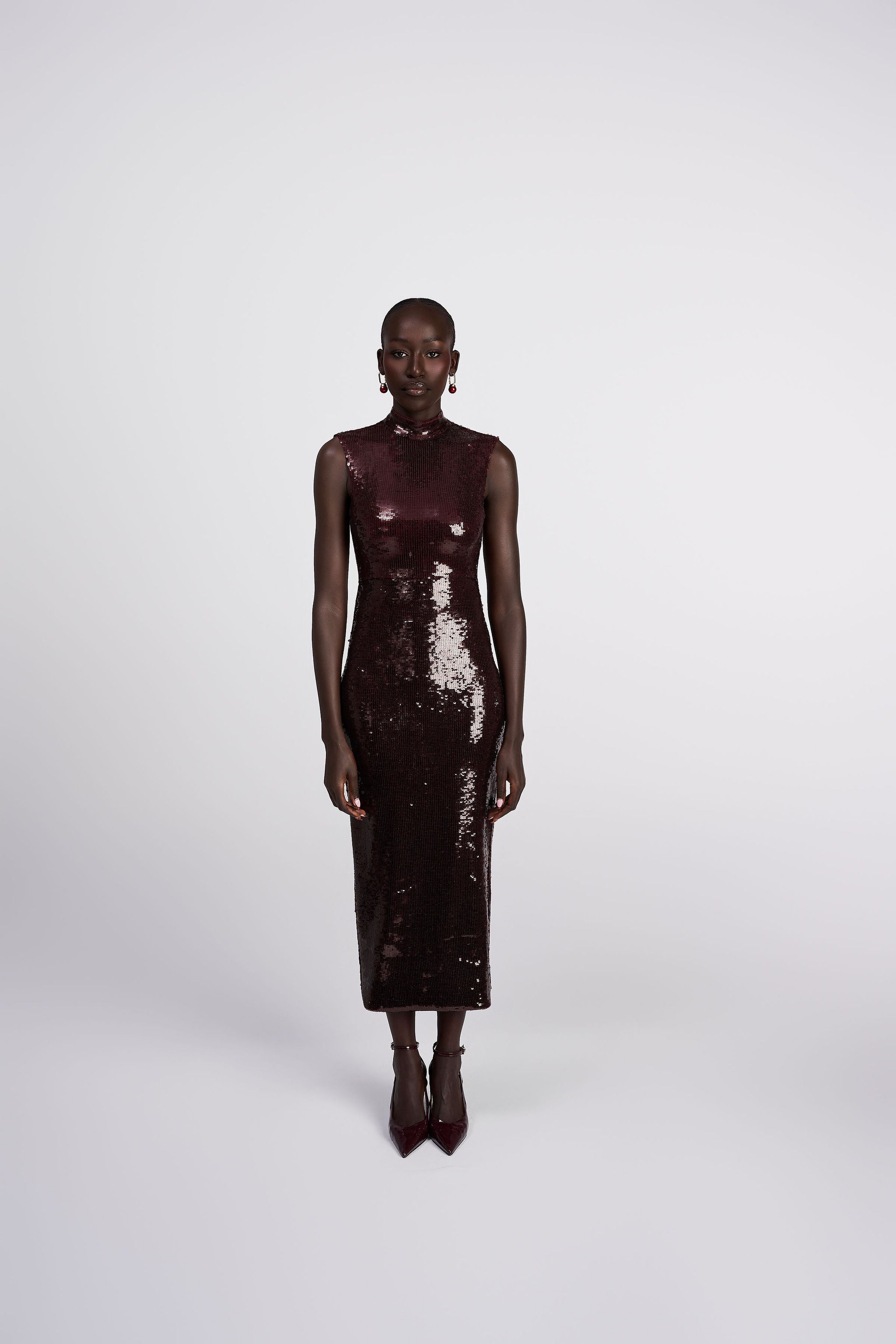 mock neck midi dress DAHLIA | SLEEVELESS MOCK NECK SEQUIN MIDI DRESS WINE