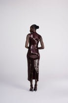Dahlia wine sleeveless mock neck sequin midi dress front view
 back view showing back slit 
side profile walking 
 detail shot square cut sequin close up
lifestyle shot Australian luxury eveningwear