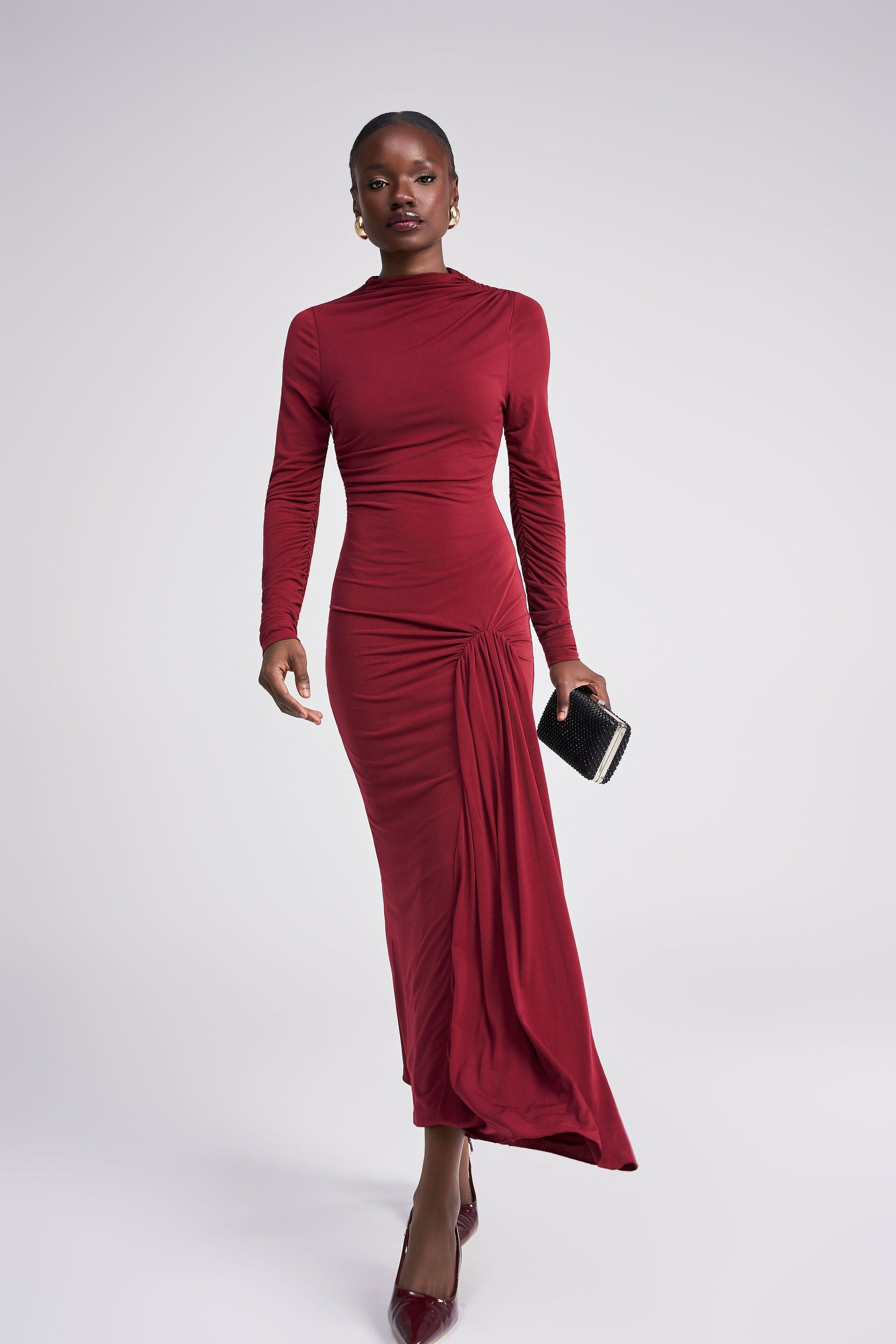 Wine Long Sleeve Mock Neck Ruched Midi Dress