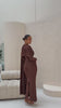 Huda dark chocolate brown draped cape panel ruched jersey long sleeve maxi dress 