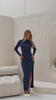 Melanie navy long sleeve jersey side ruching draped shoulder side slit maxi dress