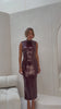 Dahlia wine sleeveless mock neck sequin midi dress front view
 back view showing back slit 
side profile walking 
 detail shot square cut sequin close up
lifestyle shot Australian luxury eveningwear